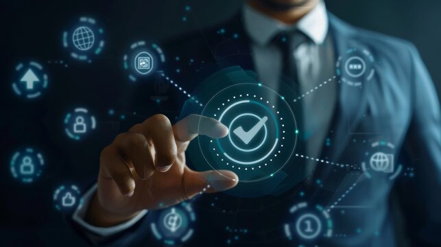 Professional businessman in a suit using advanced technology, interacting with a digital interface to approve or validate processes. Futuristic business solutions and cyber technology concept.