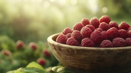 A bowl of red raspberries on a table