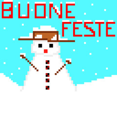 Sfondo con pupazzo di neve e la scritta Buone feste in pixel