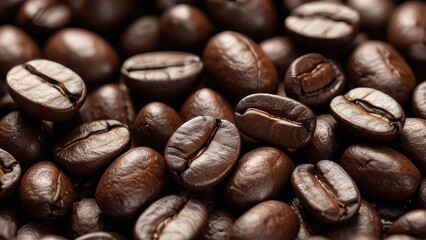 Fototapeta premium A close-up of freshly roasted coffee beans arranged in a pile, showcasing their rich color and texture, perfect for coffee lovers and culinary themes