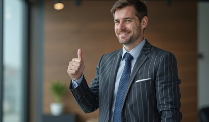 Fototapeta premium Smiling businessman with thumbs up showing approval in modern office