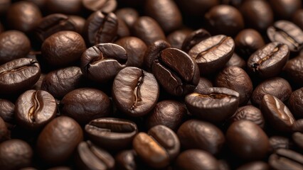 Naklejka premium A close-up of freshly roasted coffee beans arranged in a pile, showcasing their rich color and texture, perfect for coffee lovers and culinary themes
