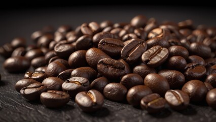 Fototapeta premium A close-up of freshly roasted coffee beans arranged in a pile, showcasing their rich color and texture, perfect for coffee lovers and culinary themes