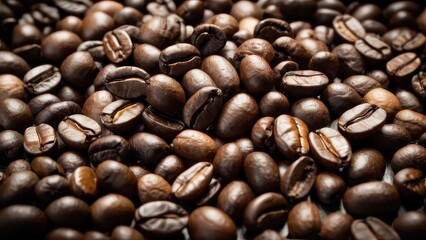 Fototapeta premium A close-up of freshly roasted coffee beans arranged in a pile, showcasing their rich color and texture, perfect for coffee lovers and culinary themes