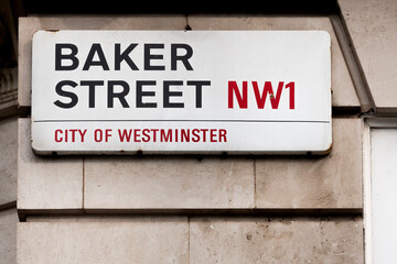 Street name plate of Baker Street in London, the street where the fictional detective Sherlock Holmes lives