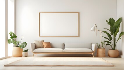 Currently popular on Etsy, this minimalist, clean, and bright mockup image features a wide blank frame on the floor with light wooden molding, a white background wall, and a light bohemian carpet.