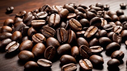Fototapeta premium A close-up of freshly roasted coffee beans arranged in a pile, showcasing their rich color and texture, perfect for coffee lovers and culinary themes