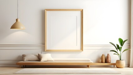Currently popular on Etsy, this minimalist, clean, and bright mockup image features a wide blank frame on the floor with light wooden molding, a white background wall, and a light bohemian carpet.