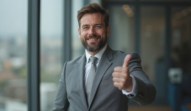 Businessman with cheerful smile giving thumbs up against office window