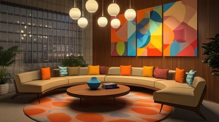 A stylish mid-century gathering room with a circular seating arrangement