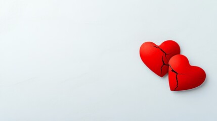 Two broken red hearts on white, a visual representation of heartbreak, loss, and the end of love
