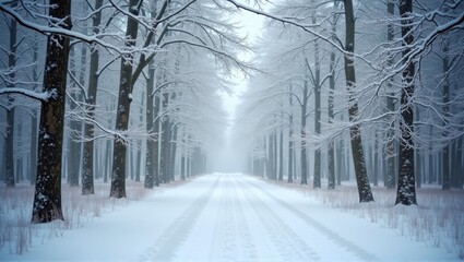 Snow-covered path lined by trees, winter scene, tranquil and serene atmosphere, nature&rsquo;s beauty in cold weather. Generative, AI,