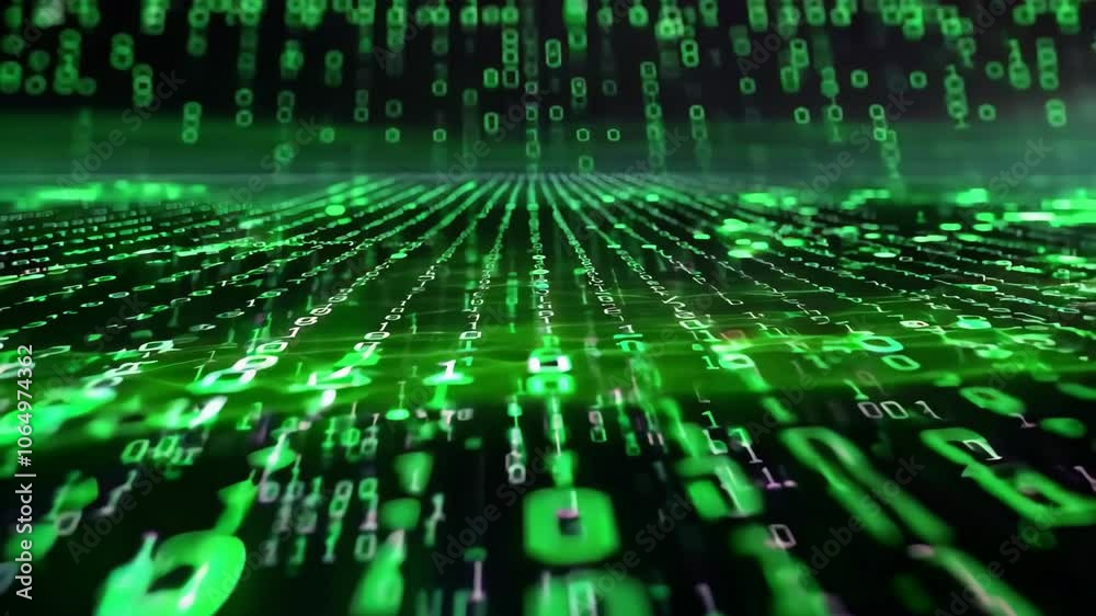 Poster Animated vertical background in digital matrix style with cascade of green binary numbers on black background.