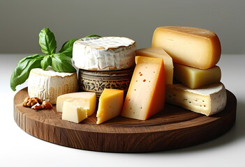 Gourmet Cheese Varieties with Fresh Herbs on Rustic Wooden Board