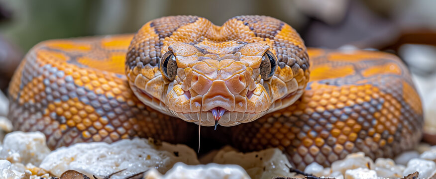Close-up of a ball python snake with intense gaze
