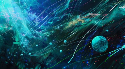 Vibrant abstract digital landscape with flowing data streams and glowing orbs in a tech atmosphere
