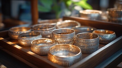 Fototapeta premium A collection of silver bangles displayed on a wooden tray, their unique designs glowing under warm ambient light