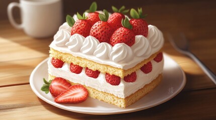 Strawberry Cream Cake on a Wooden Table