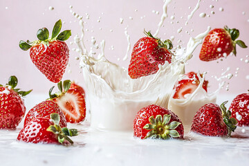 fresh strawberries splashing into creamy milk against soft pink backdrop