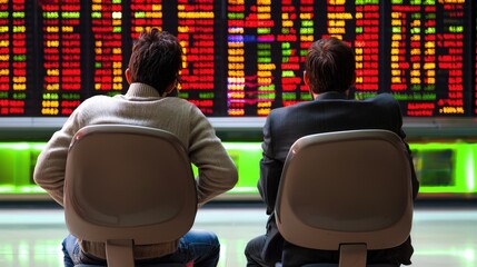 Analysts discussing market predictions, strategizing entry and exit points for stocks.