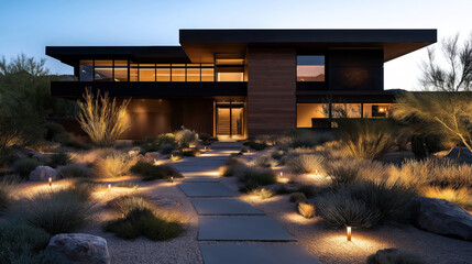 Fototapeta premium Modern luxury house with large glass windows and minimalist desert landscaping under evening sky, featuring illuminated pathway and dry vegetation