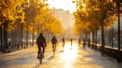 Obraz premium People riding bicycles down a busy city street lined with trees, promoting eco-friendly transportation to lower carbon footprints.
