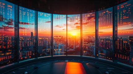 Futuristic control room with holographic crypto tickers overlooking a vibrant sunset cityscape