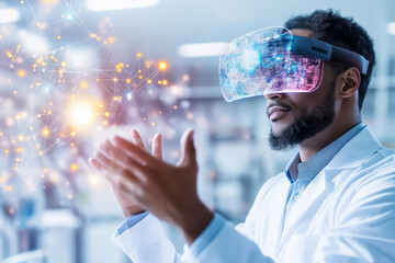 A scientist wearing a virtual reality headset engages with interactive elements in a modern laboratory setting