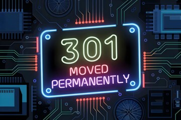 Fototapeta premium 301 Moved Permanently - HTTP Status Code in Neon Style on Circuit Board Background - Tech Error Message Design Illustration