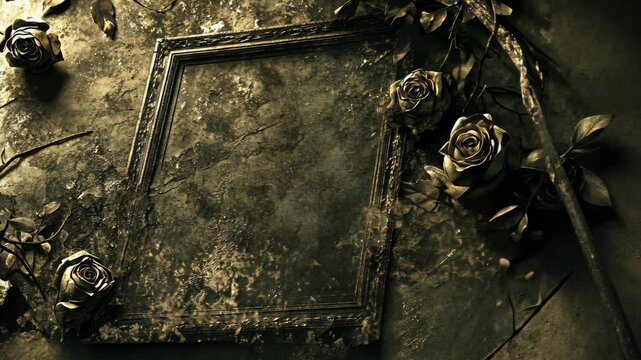 A dusty, ornate picture frame sits on a dark, weathered surface surrounded by withered roses