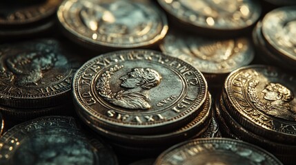 A macro shot of silver coins with tarnished surfaces, showing their historical detail and character under dramatic lighting