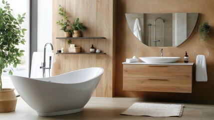 An elegant bathroom with a freestanding bathtub