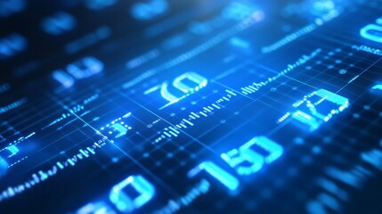 A digital tech-themed background viewed straight-on, with blue floating numbers and thin light lines over a flat, AI Generative