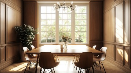 An elegant dining room featuring a Scandinavian teak table
