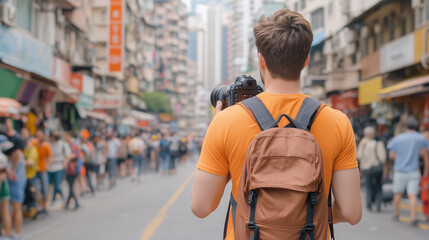 A photographer capturing urban street shots in a bustling city, raw energy and vibrant atmosphere.