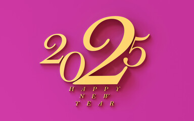 New year 2025; happy 2025; simple and creative design to 2025 Happy new year celebration concept; golden 2025 logo text design on light burgundy background; 3d rendering, 3d illustration