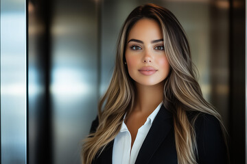 Fototapeta premium A young woman stands in an elevator, exuding confidence in her business attire and highlighting her natural beauty