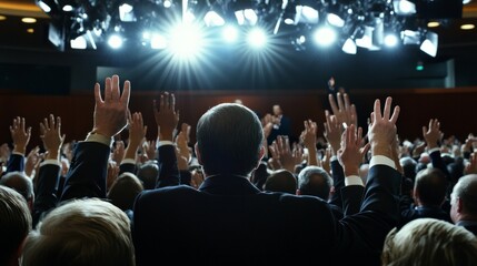 a large press conference seen from the point of view of a speaker on stage (who is not shown) looking out through an array of tv news microphones on a, AI Generative