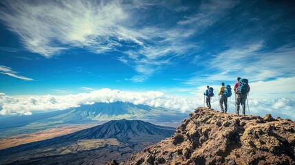 Fototapeta premium Epic Mountain Adventure: Hikers at the Peak Enjoying Breathtaking Views - Perfect for a Sports Interior Poster!