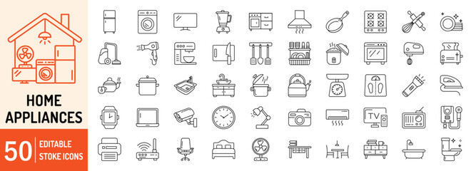 Home Appliances collections editable stroke outline web icons set. Home appliances, refrigerator, washing machine, vacuum cleaner, television, air conditioner and household. Vector illustration