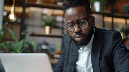 black businessman use laptop in office work watching to camera corporate teamwork