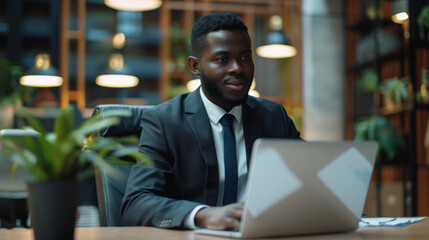 Fototapeta premium black businessman use laptop in office work happy watching to camera corporate teamwork