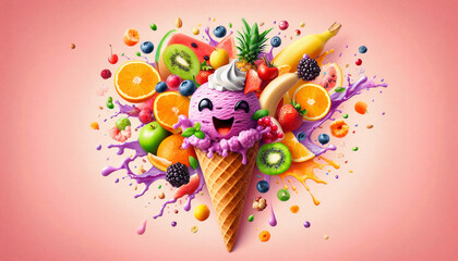 Fototapeta premium Colorful fruits surround a smiling ice cream cone, symbolizing a fruity, joyful summer treat
