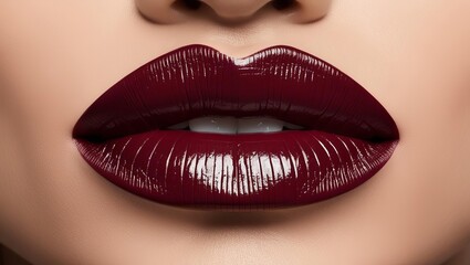 Obraz premium Close-up of glossy burgundy lips with perfect shine and smooth texture, capturing luxury and sophistication in beauty