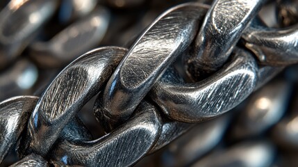 An extreme close-up of a silver chain link, showing the fine craftsmanship and reflections of light on the metal surface