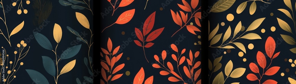 Poster elegant seamless patterns featuring botanical elements in rich colors for artistic design projects a