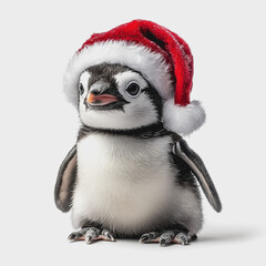 Fototapeta premium Adorable Penguin Wearing Santa Hat on White Background