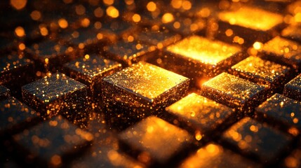 Digital gold tokens on a blockchain ledger, glowing as they represent virtual wealth in a networked space