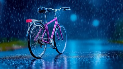 Fototapeta premium Pink Bicycle in Rain Nighttime Cityscape Rainy Night Urban Cycling