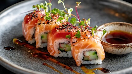Close-Up View of Salmon Nigiri Sushi on Plate
